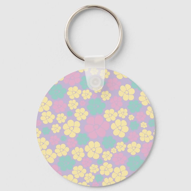 Flower Pattern - Pink, Yellow, Purple and Green Key Ring (Front)