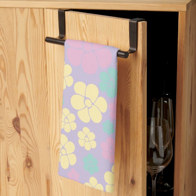 Flower Pattern - Pink, Yellow, Purple and Green Tea Towel (Thirds Fold)