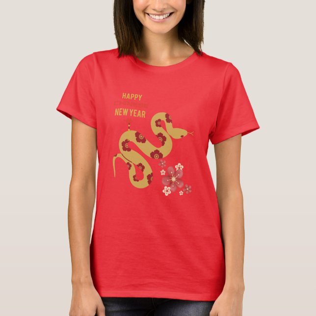 Flower Pattern Snake Happy Chinese New Year Red T-Shirt (Front)