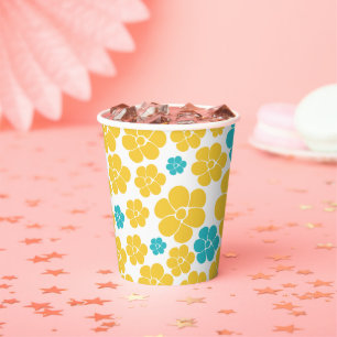 Flower Pattern - Turquoise and Yellow Paper Cups