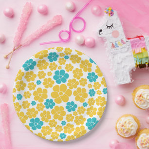 Flower Pattern - Turquoise and Yellow Paper Plate