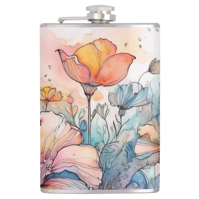 Flower Pattern Watercolor Hip Flask (Front)