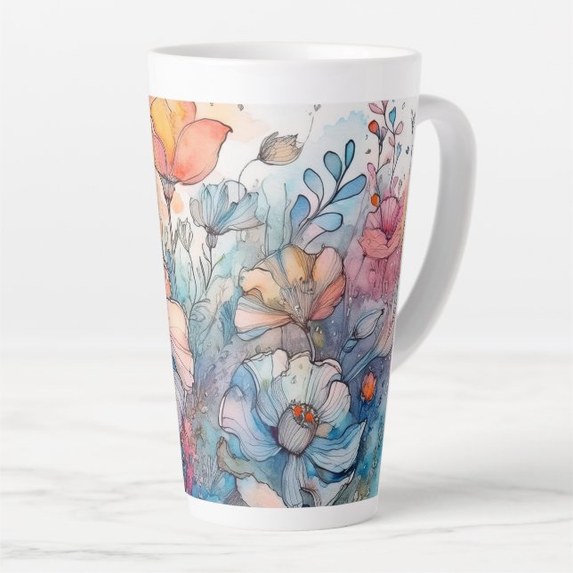 Flower Pattern Watercolor Latte Mug (Right Angle)
