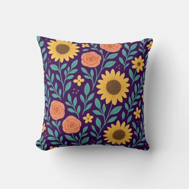 Flower pattern with dark purple background cushion (Front)