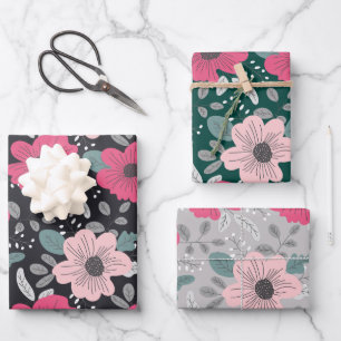 Flower Pattern Wrapping Paper Flat Sheet Set of 3