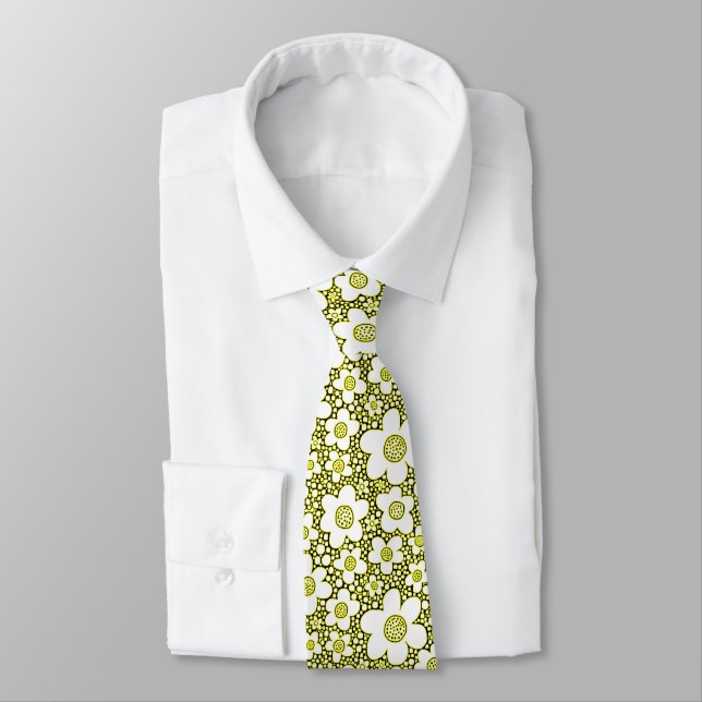 Flower Pattern - Yellow, Black and White Tie (Tied)