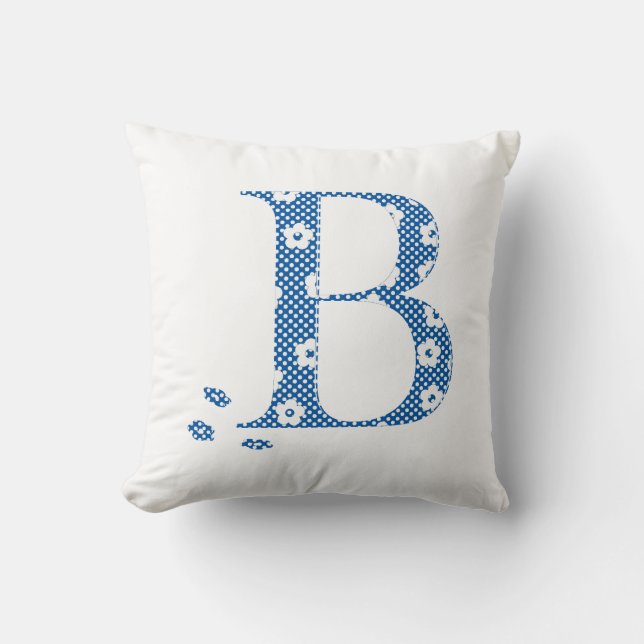 flower Patterned Letter B(blue & dots) Cushion (Front)
