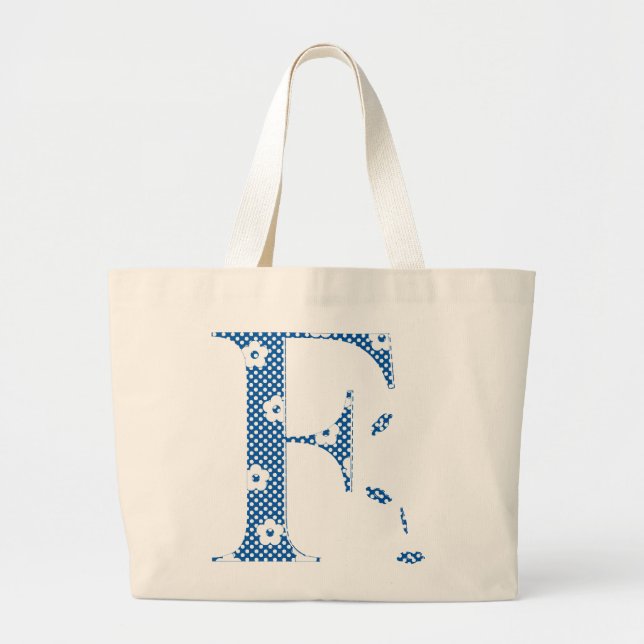flower Patterned Letter F(blue & dots) Large Tote Bag (Front)