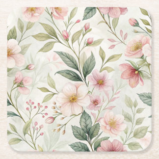 Flower patterns pink pastel cute square paper coaster