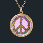 Flower Peace Sign Symbol Gold Plated Necklace<br><div class="desc">A retro peace sign / peace symbol with tie dye colours and brightly coloured flowers over it. A colourful design for proud hippies / lovers of world peace.</div>