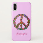 Flower Peace Sign Symbol Pink Personalised iPhone X Case<br><div class="desc">A retro peace sign / peace symbol with tie dye colours and brightly coloured flowers over it. A colourful, girly design for proud hippies / lovers of world peace and flower power. Personalise with your name in pink cursive. "Customise It" to change font or colour or change the light-pink background...</div>