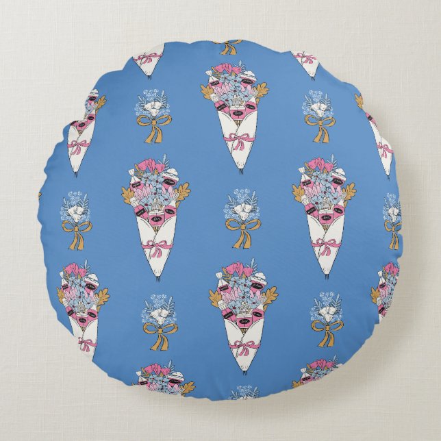 Flower & Perfume Bouquet Bundle on blue Round Cushion (Front)