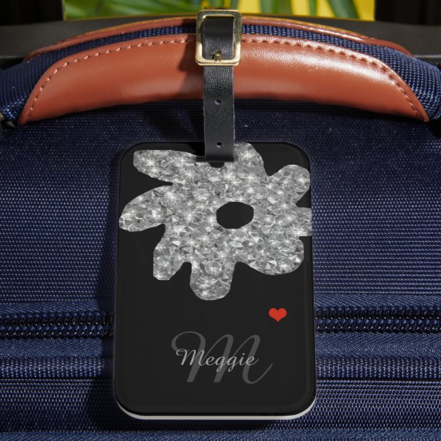 flower - personalised black luggage tag (Front Insitu 2)