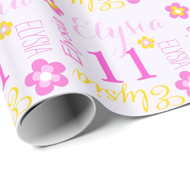 Flower personalised name age 11th birthday wrap wrapping paper (Roll Corner)