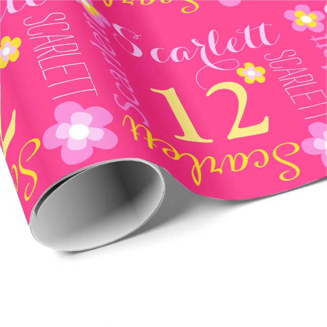 Flower personalised name age 12th birthday wrap wrapping paper (Roll Corner)