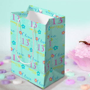 Flower personalised name age 13th birthday  medium gift bag