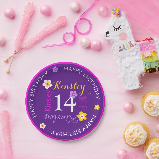 Flower personalised name age 14th birthday purple paper plate (Party)