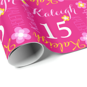 Flower personalised name age 15th birthday wrap wrapping paper