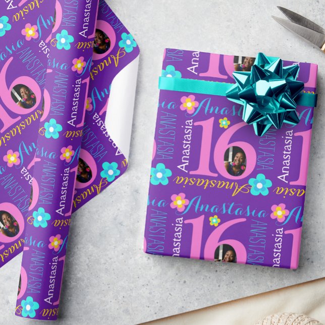 Flower personalised name age 16th birthday wrap wrapping paper (Creator Uploaded)