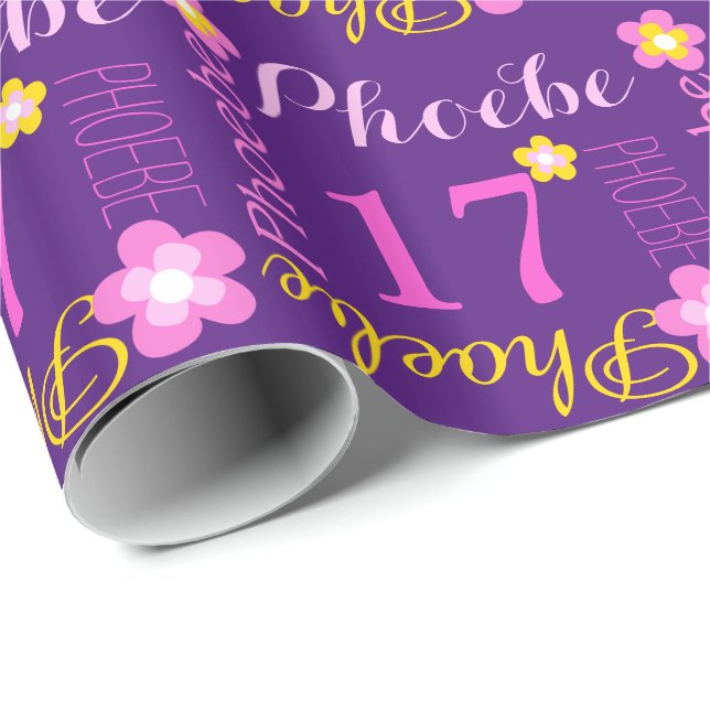 Flower personalised name age 17th birthday wrap wrapping paper (Roll Corner)
