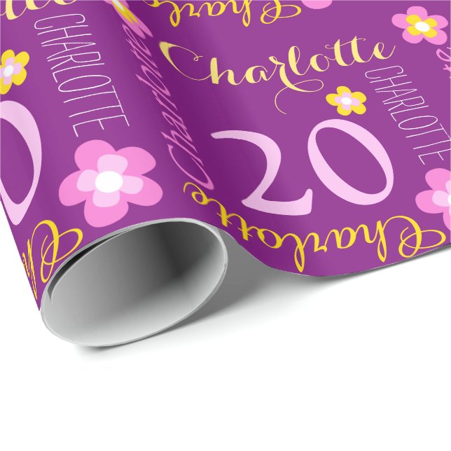 Flower personalised name age 20th birthday wrap wrapping paper (Roll Corner)