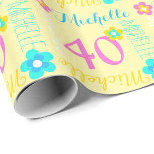 Flower personalised name age 40th birthday wrap wrapping paper