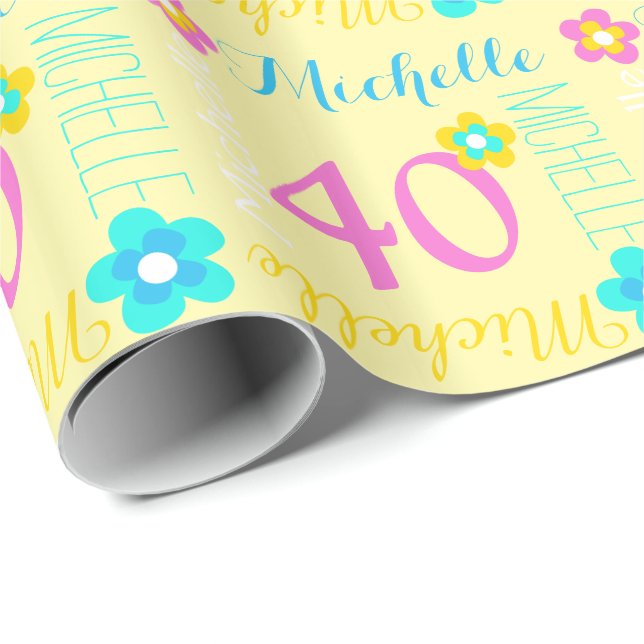 Flower personalised name age 40th birthday wrap wrapping paper (Roll Corner)