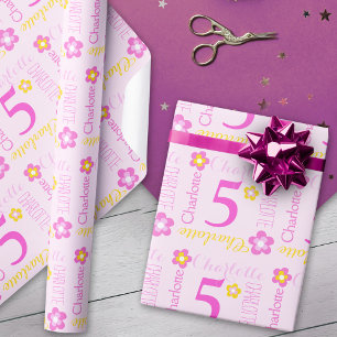 Flower personalised name age 5th birthday wrap wrapping paper