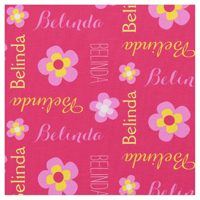 Flower personalised name pink typographic fabric (Close Up)