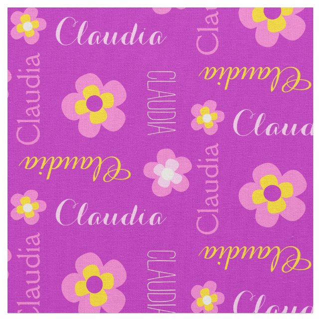 Flower personalised name purple typographic fabric (Close Up)