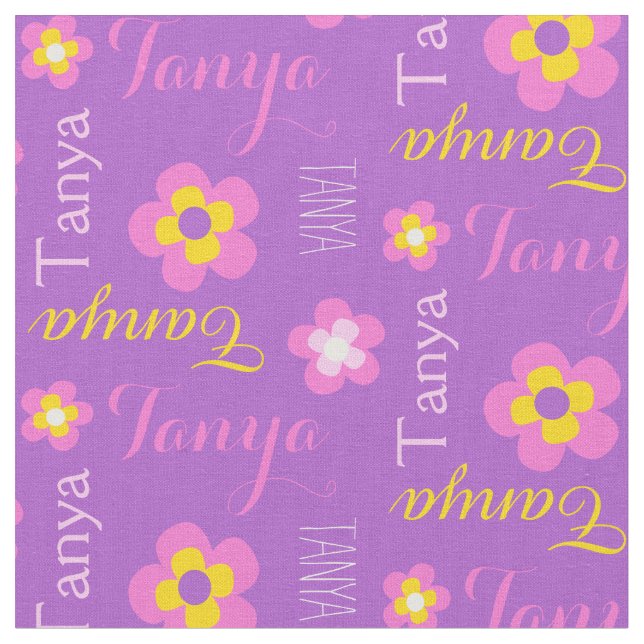 Flower personalised name purple typographic fabric (Close Up)