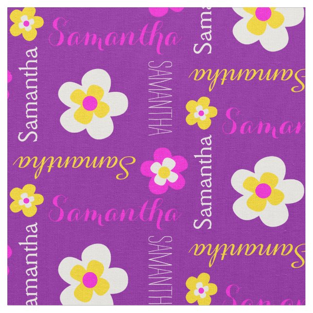 Flower personalised name text purple pink fabric (Close Up)
