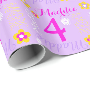 Flower personalized purple pink age 4th birthday wrapping paper