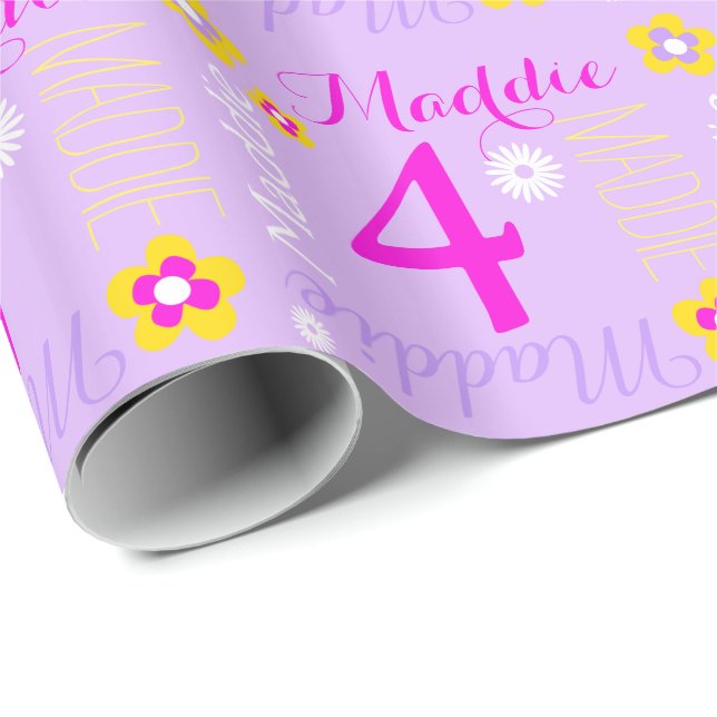 Flower personalized purple pink age 4th birthday wrapping paper (Roll Corner)