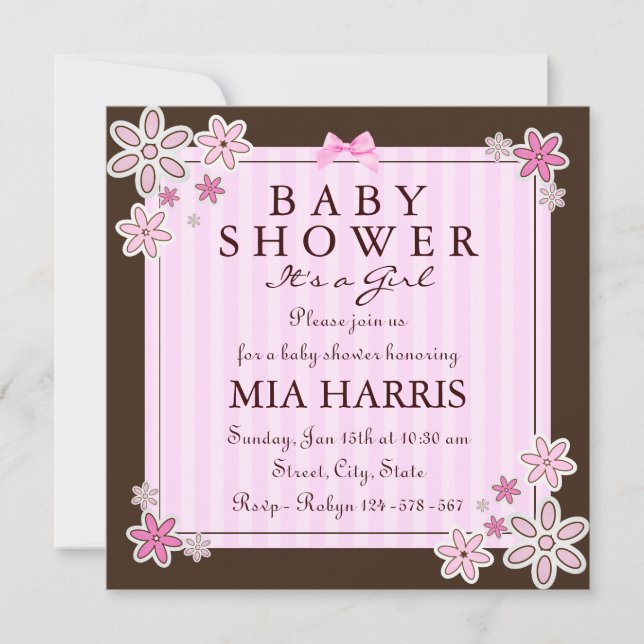 Flower Pink & Brown Baby Shower Invite (Front)