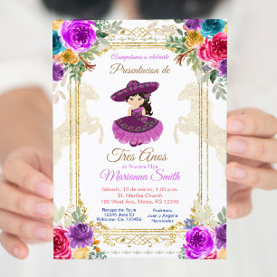 Flower Pink & gold Tres Anos Mexican Invitation