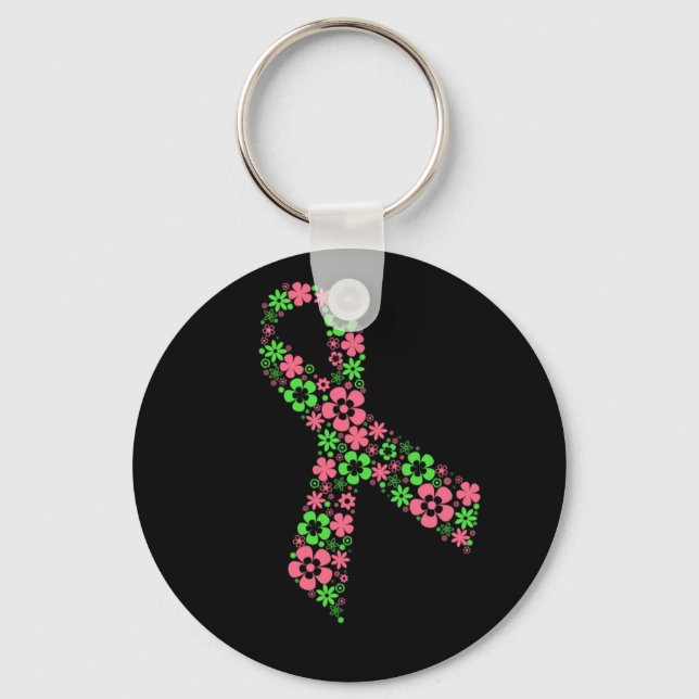 flower pink ribbon keychain - black (Front)