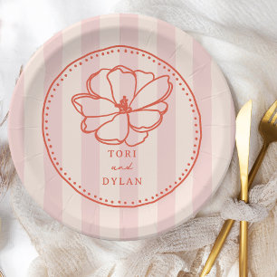 Flower Pink Stripe Wedding Paper Plate