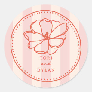 Flower Pink Tropical Stripe Wedding Classic Round Sticker