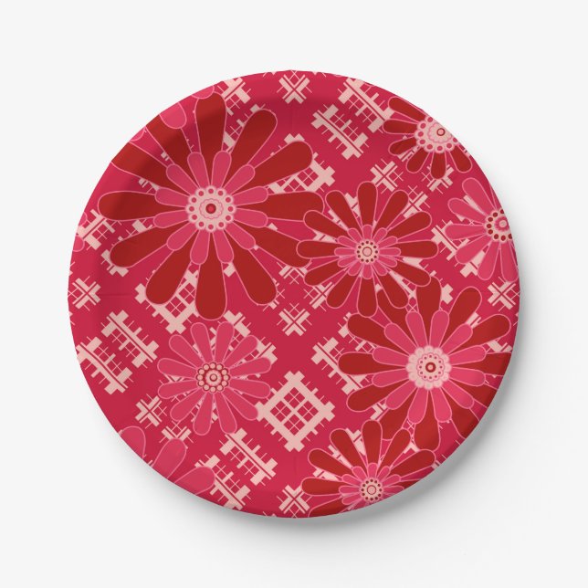 Flower plaid , floral , plaid , red , red , rustic paper plate (Front)