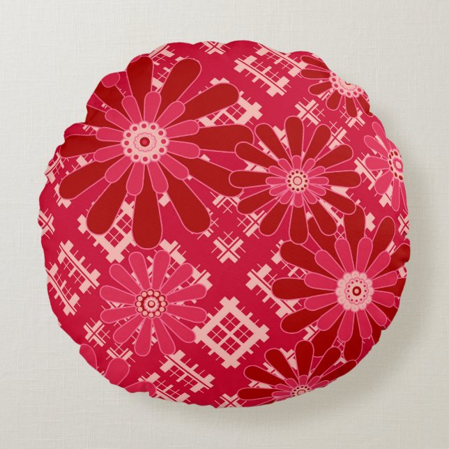 Flower plaid , floral , plaid , red , red , rustic round cushion (Front)