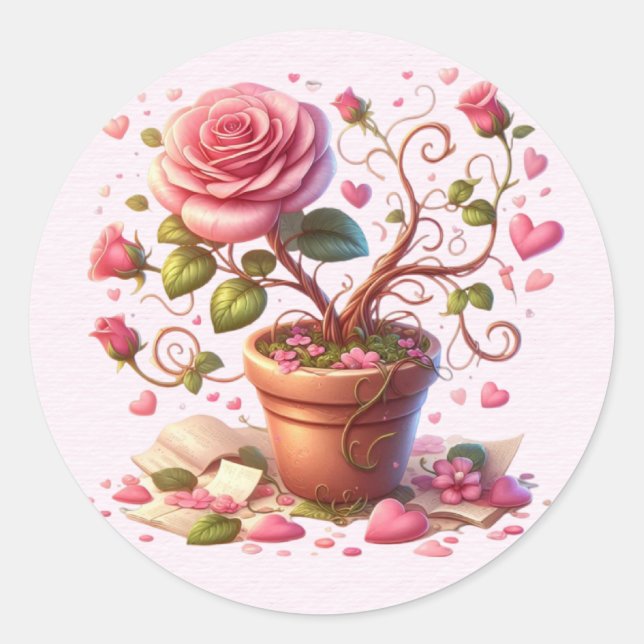Flower Pot of Pink Roses Valentine Classic Round Sticker (Front)