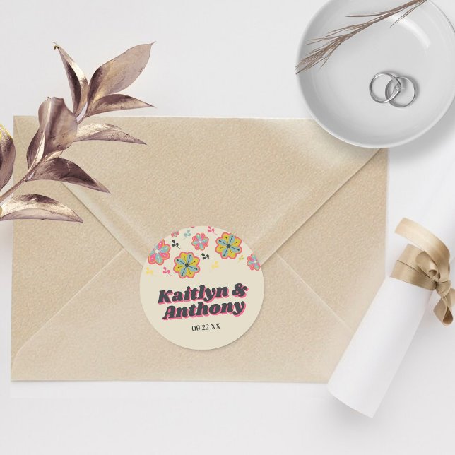 Flower Power 70's Retro Groovy Wedding Classic Round Sticker (Creator Uploaded)