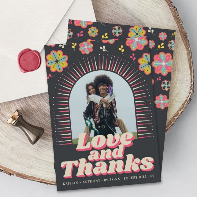 Flower Power 70's Retro Groovy Wedding Photo Thank You Card (Creator Uploaded)