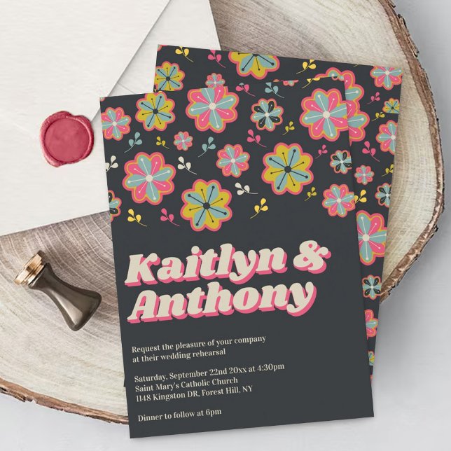 Flower Power 70's Retro Groovy Wedding Rehearsal Invitation (Creator Uploaded)
