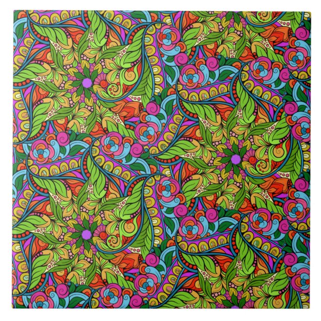 Flower Power! Brightly Coloured Neon Mandala Tile (Front)