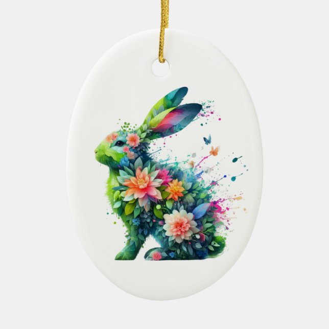 Flower Power Bunny Rabbit  Ceramic Tree Decoration (Front)