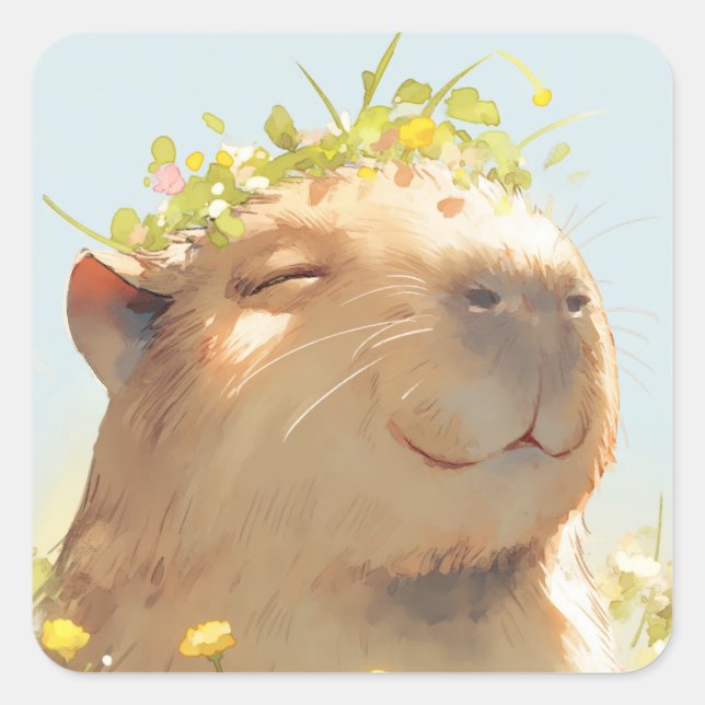 Flower Power Capybara Square Sticker (Front)