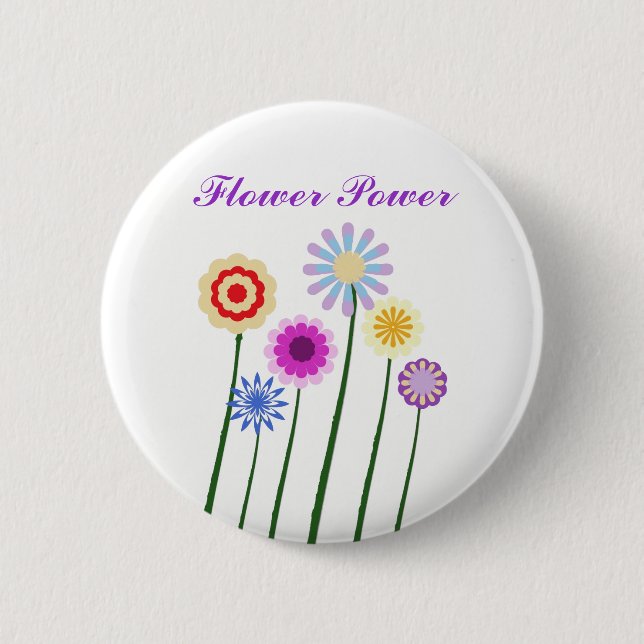 Flower Power, colourful digital art flowers button (Front)