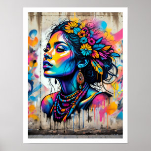 Flower Power Face of a Hippie Woman Poster